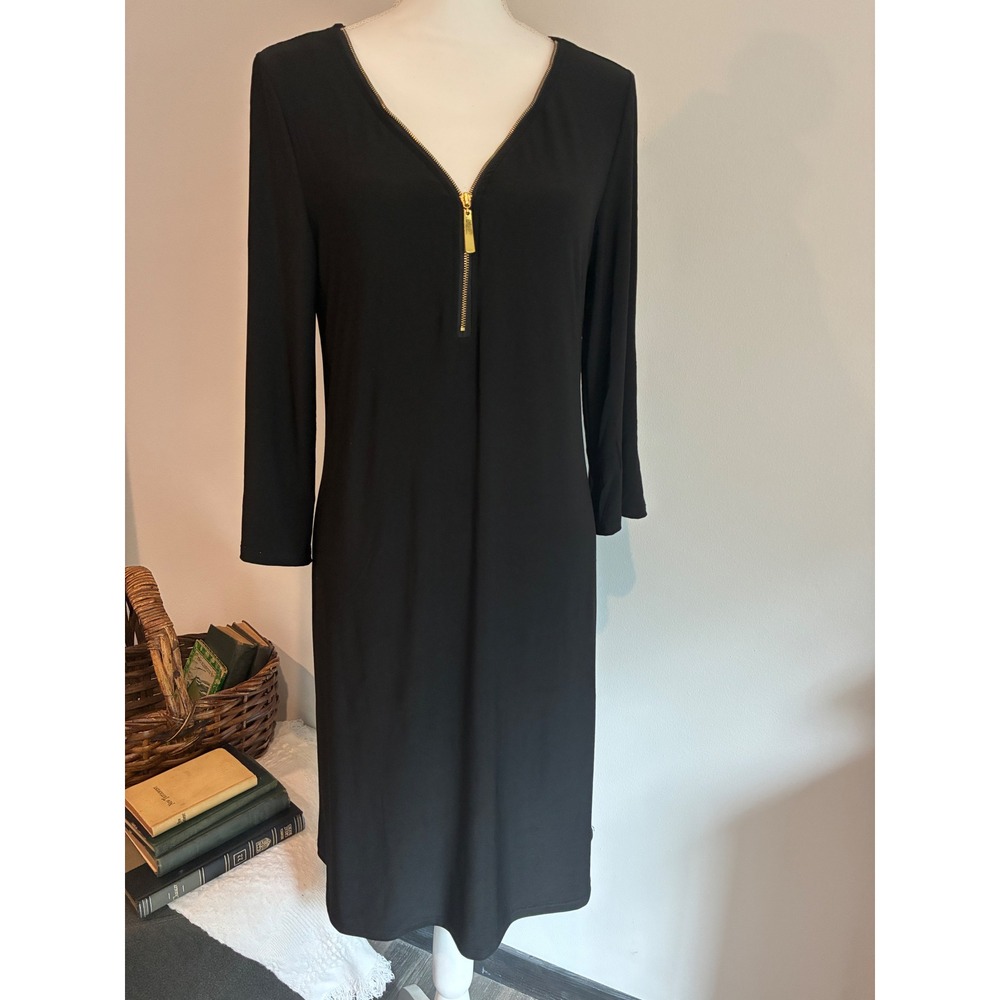 Black Gold Zip Front Shift Dress Womens M 3/4 Sleeve Work Career Tacera